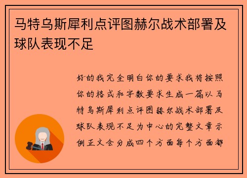 马特乌斯犀利点评图赫尔战术部署及球队表现不足